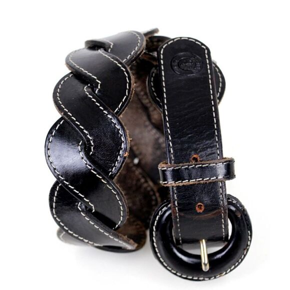 J.G. Hook WOVEN BLACK GENUINE LEATHER 1 3/4"Wd DRESS WOMEN'S BELT Sz S/M (B87 - Picture 1 of 12